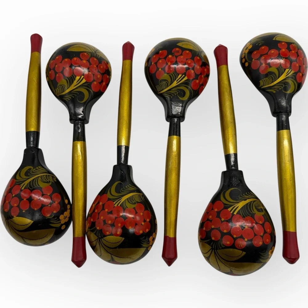 Lot of 11 Vtg Russian Khokhloma Spoons Lacquer‎ Hand Painted Wood  5 Sm 6 Lrg